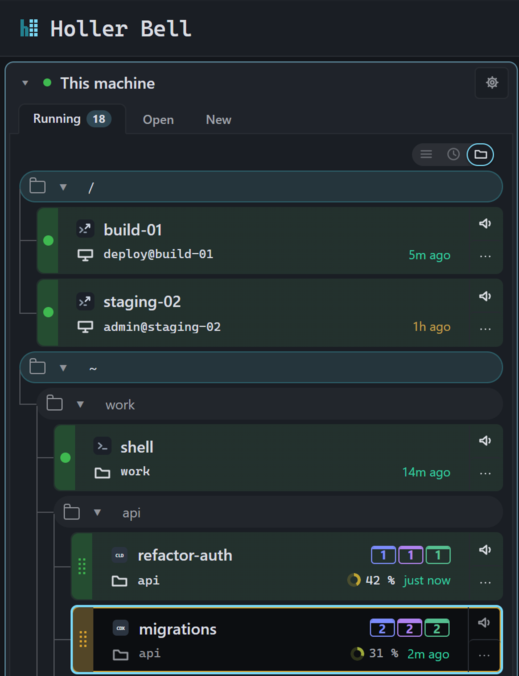 The list of sessions grouped by folder, with SSH sessions under their hosts