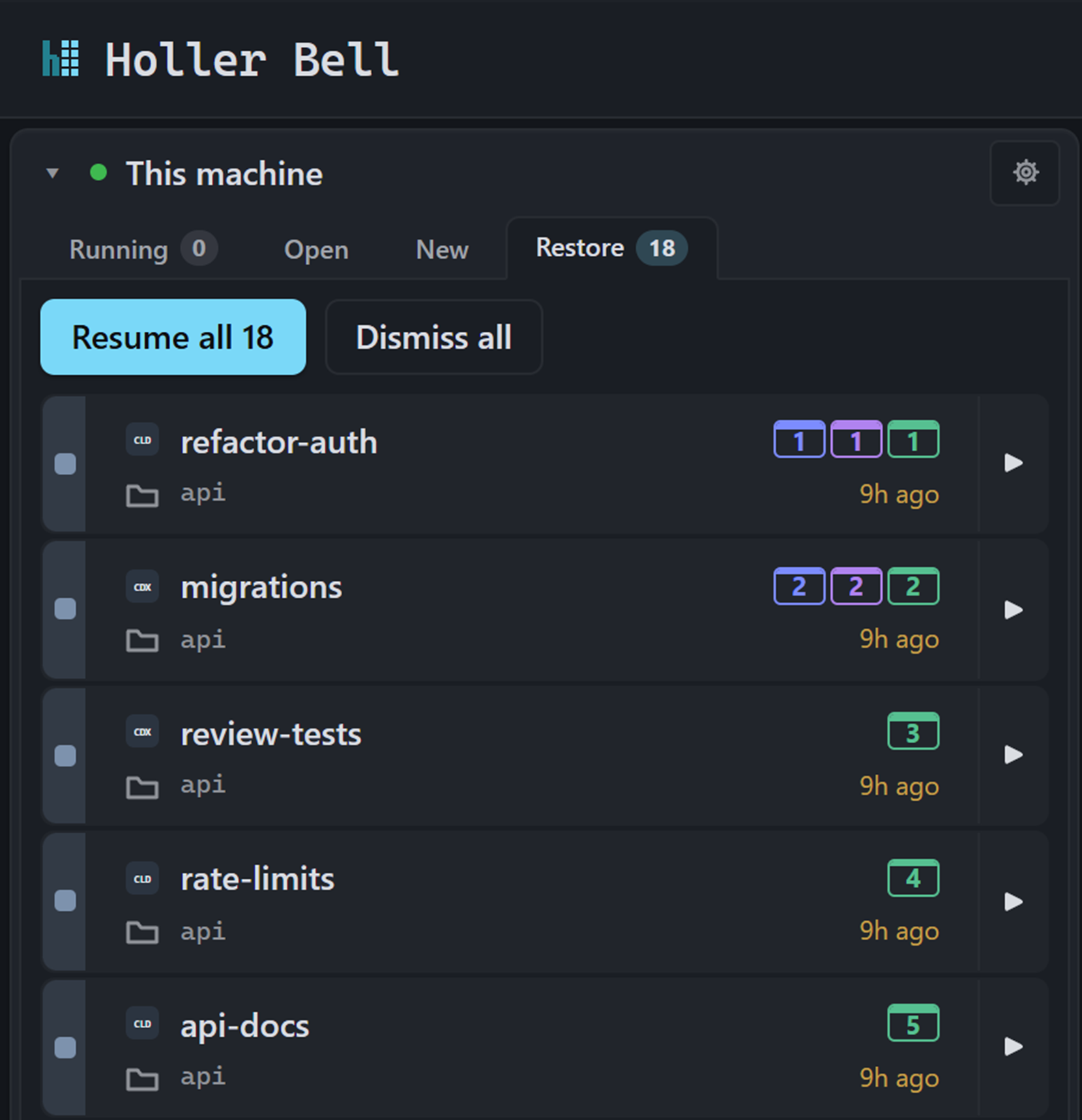 After a restart: the Restore tab with the Resume all button and the sessions to bring back