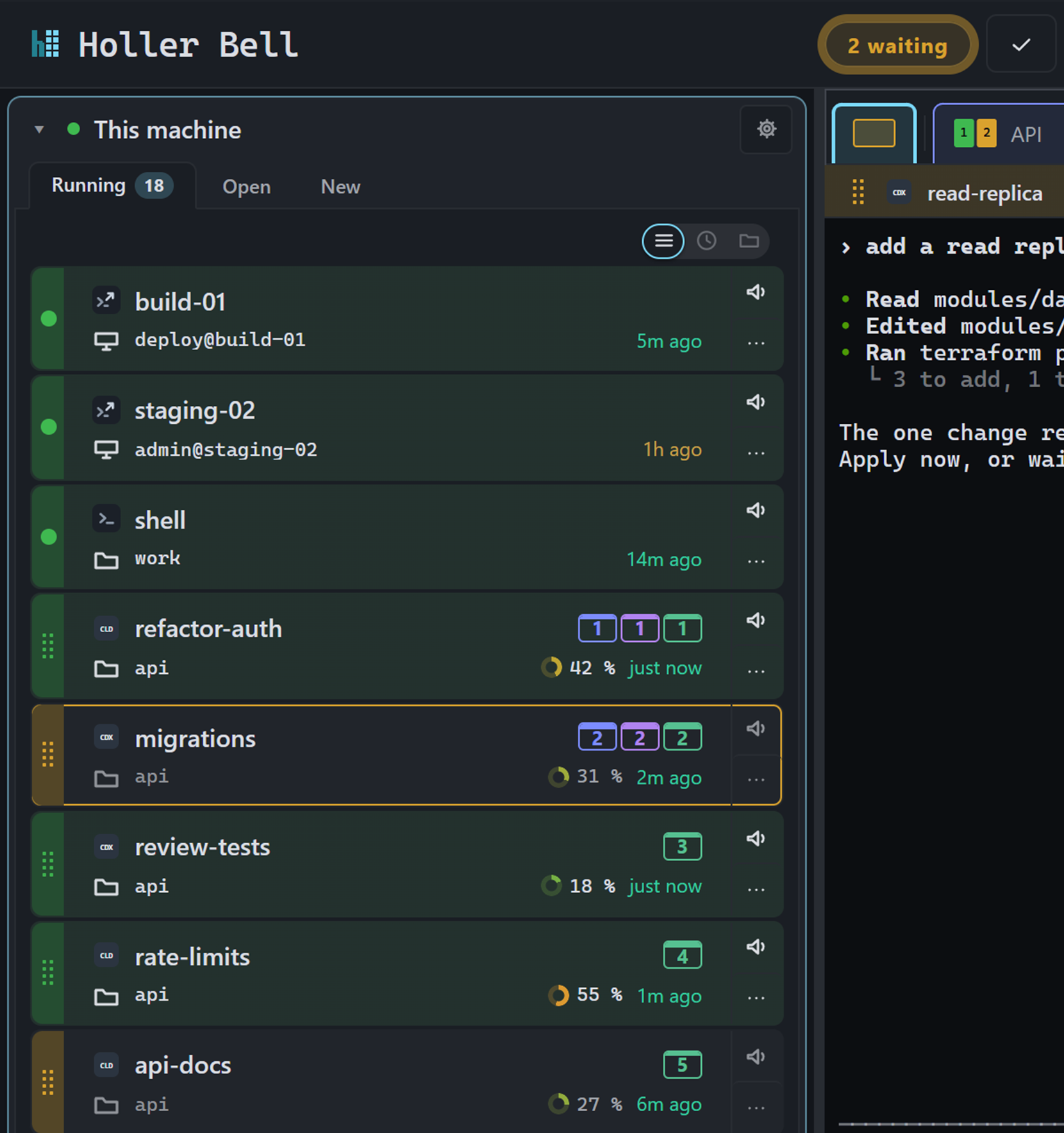 Waiting sessions in the list: their rows carry an amber mark, and the header counts the ones you have not looked at yet